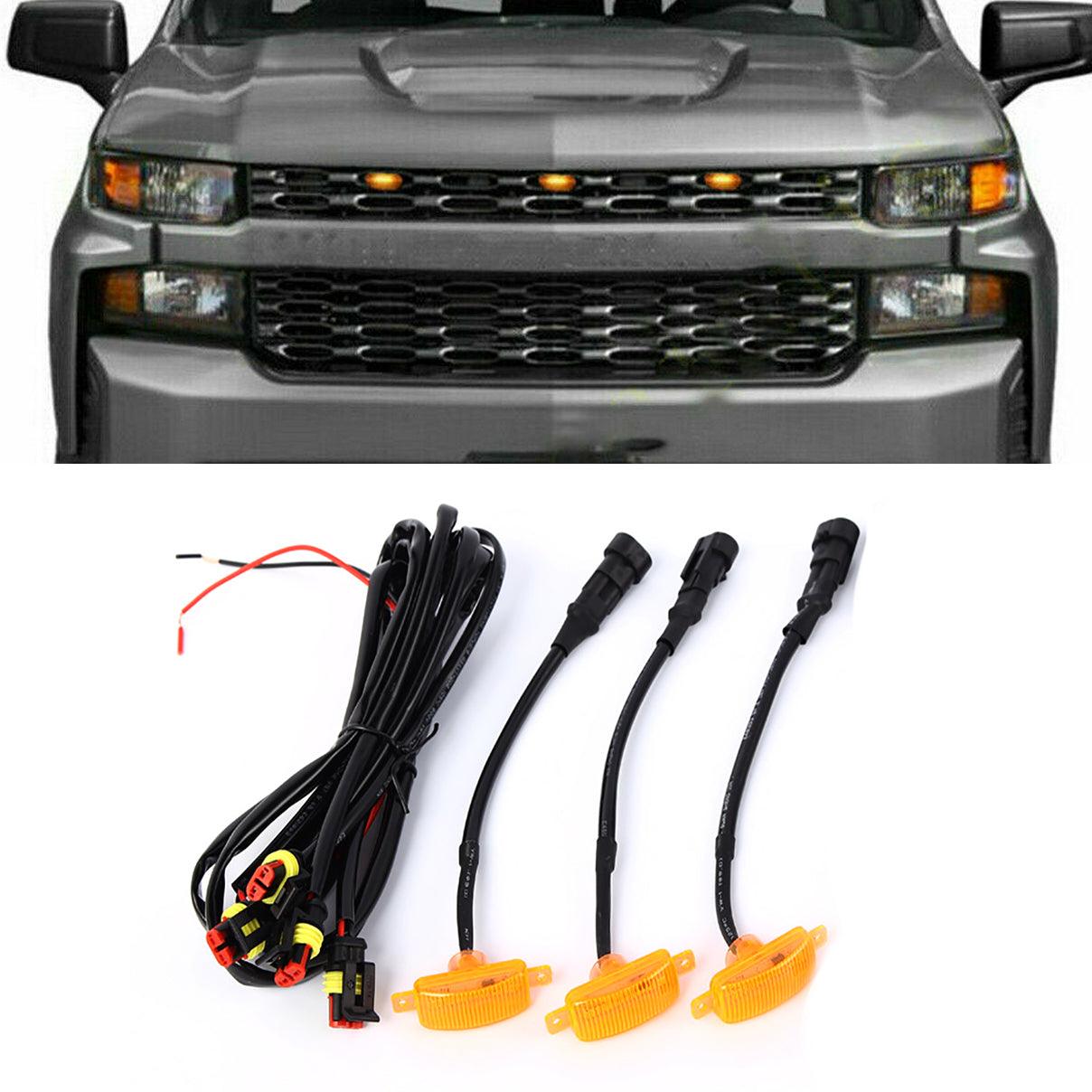 (3pcs/set) LED Front Grille Lights Raptor Style Amber Light Fit for Chevrolet Silverado 1500 2016-2021 (Amber shell/ Smoked shell）
